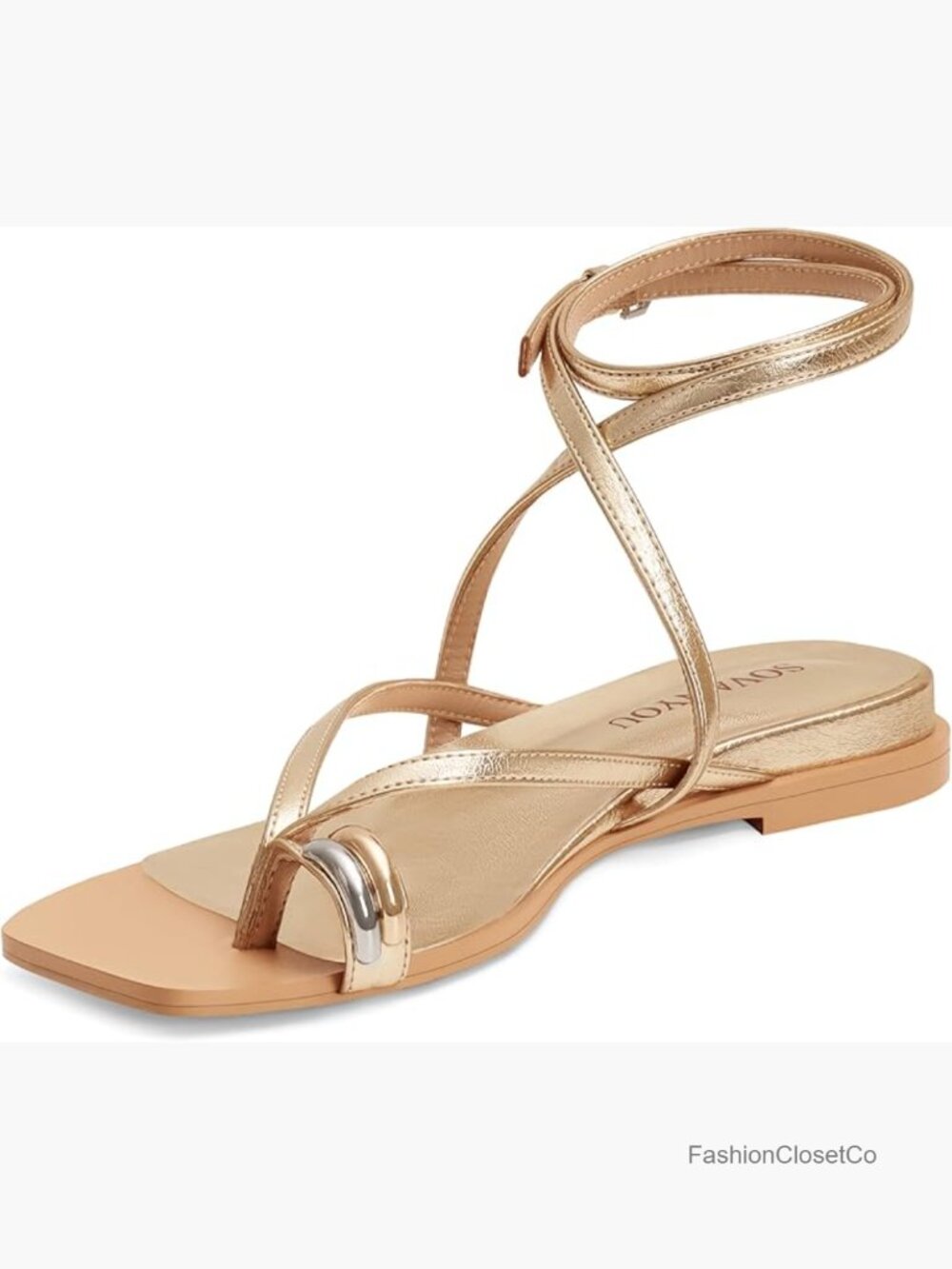 Strappy Flat Sandals with Cross Ankle Strap Open Toe Faux Leather Beach Shoes